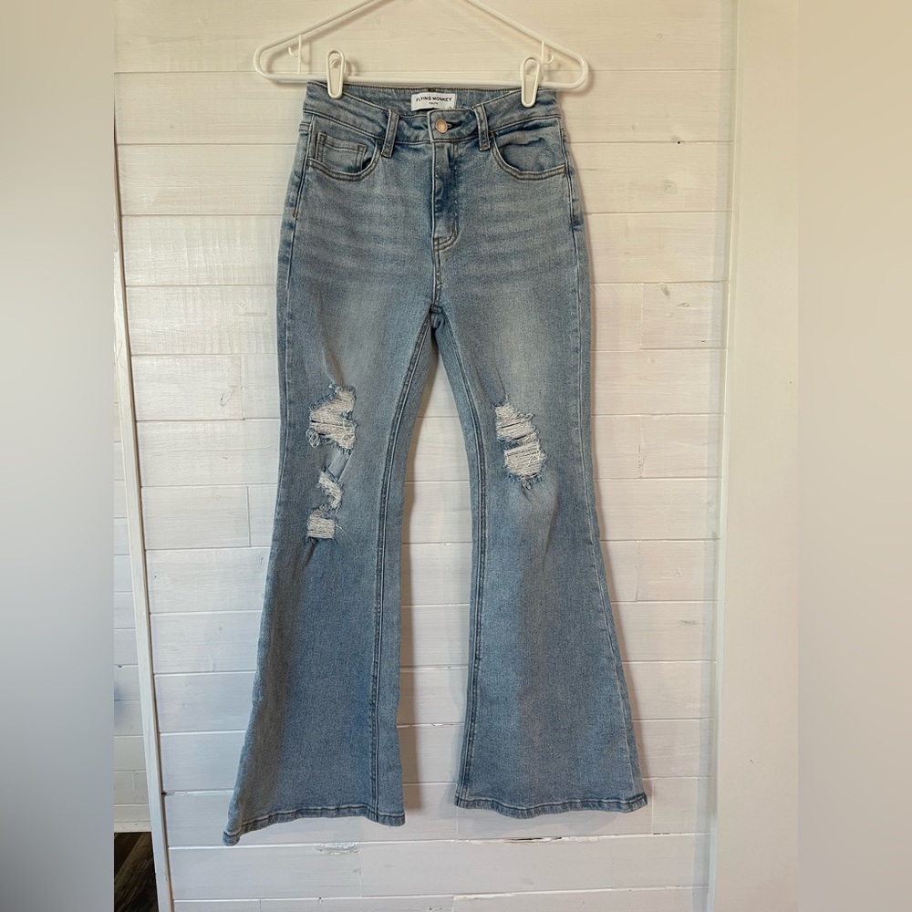 Flying Monkey Distressed Flare Jeans - Light Blue